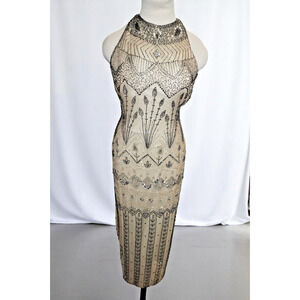 Adrianna Papell Evening Beaded Silk Dress – Size 12 – Nude Black Art Deco Formal